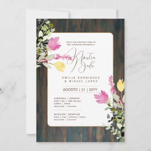 Espanol Invitación de Boda Floral Wedding Rustic I Einladung (Vorderseite)