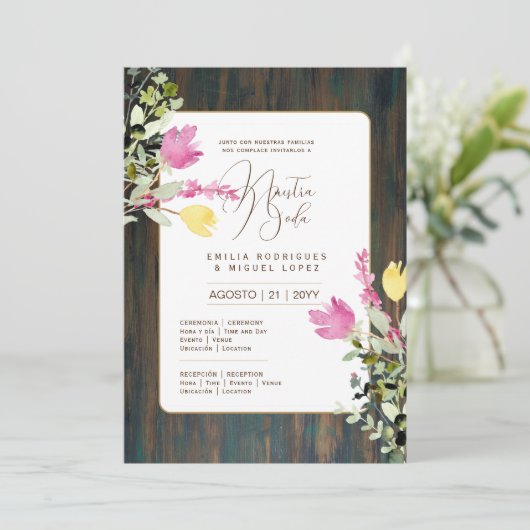 Espanol Invitación de Boda Floral Wedding Rustic I Einladung (Stehend Vorderseite)