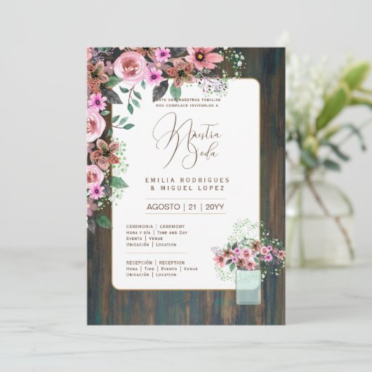 Espanol Invitación de Boda Floral Wedding Rustic I Einladung (Stehend Vorderseite)