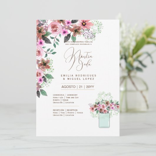 Espanol Invitación de Boda Summer Floral Wedding I Einladung (Stehend Vorderseite)