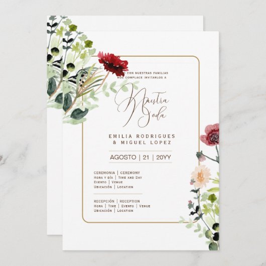 Espanol Invitación de Boda Summer Floral Wedding I Einladung (Vorne/Hinten)