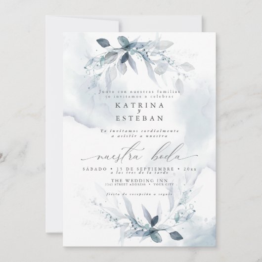 Español Wedding Rustic Dusty Blue Foliage Einladung (Vorderseite)