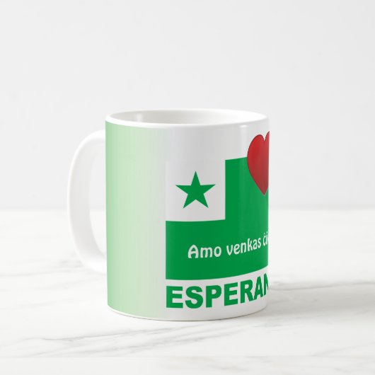Esperanto / "Amo venkas resonion", Kaffeetasse (Vorderseite Links)