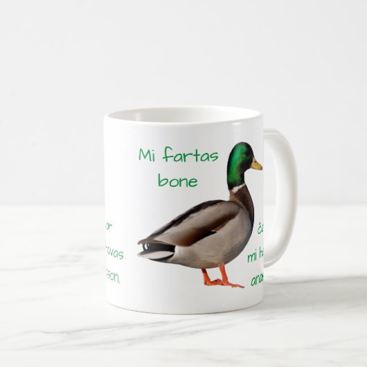 Esperanto: MI fartas Knochen, ĉar MI Havas anason. Kaffeetasse (VorderseiteRechts)