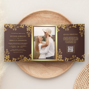 Espresso Braun Gold Floral Blätter QR-Code Hochzei Dreifach Gefaltete Einladung