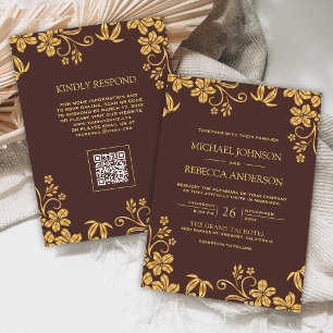 Espresso Braun Gold Floral Blätter QR-Code Hochzei Einladung