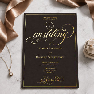 Espresso-Braun-Gold-Hochzeitsschrift-Kalligrafie Folieneinladung
