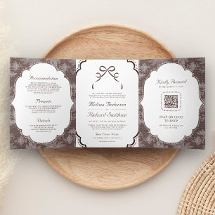 Espresso Braune Spitze Coquette Schleife QR-Code H Dreifach Gefaltete Einladung