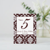 Espresso Brown Damask Wedding Tischnummer Card (Stehend Vorderseite)