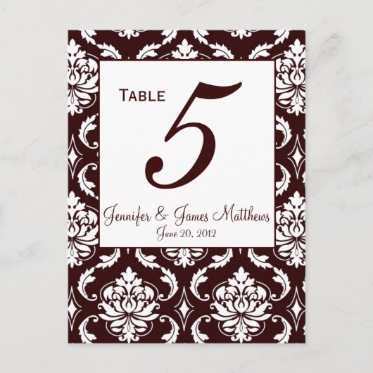 Espresso Brown Damask Wedding Tischnummer Card (Vorderseite)