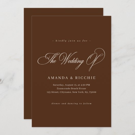 Espresso Brown Elegant Fall Wedding Invitation Einladung (Vorne/Hinten)