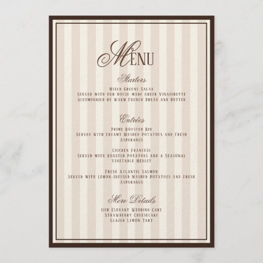 Espresso Cappuccino Striped Wedding Menu  Card Einladung (Vorderseite)
