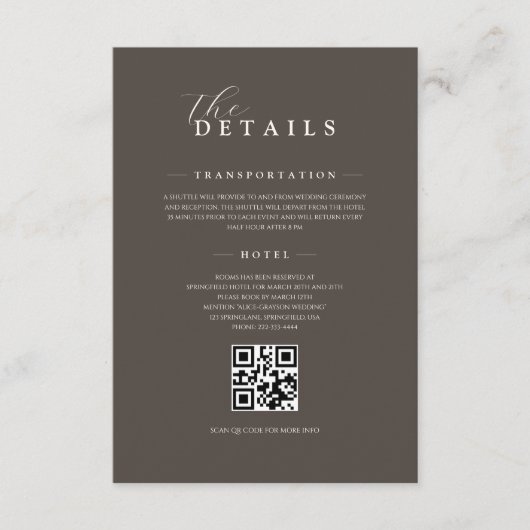 Espresso Classic Minimalist Wedding QR Details Begleitkarte (Vorderseite)