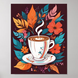 Espresso Coffee Cup Wandkunst mit bunten Blätter Poster