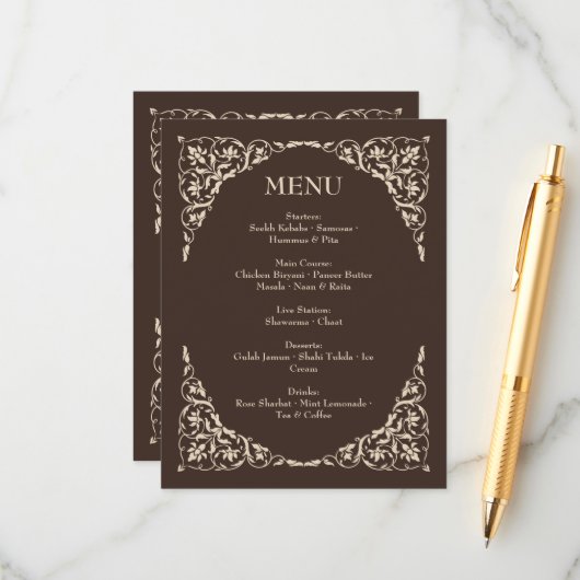 Espresso Luxe Braune und Beige Hochzeitsmenü Begleitkarte (Vorderseite/Rückseite Beispiel)