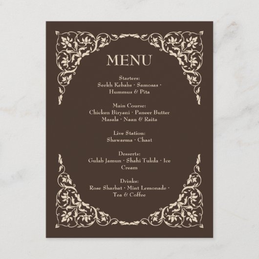 Espresso Luxe Brown and Beige Wedding Menu Begleitkarte (Vorderseite)