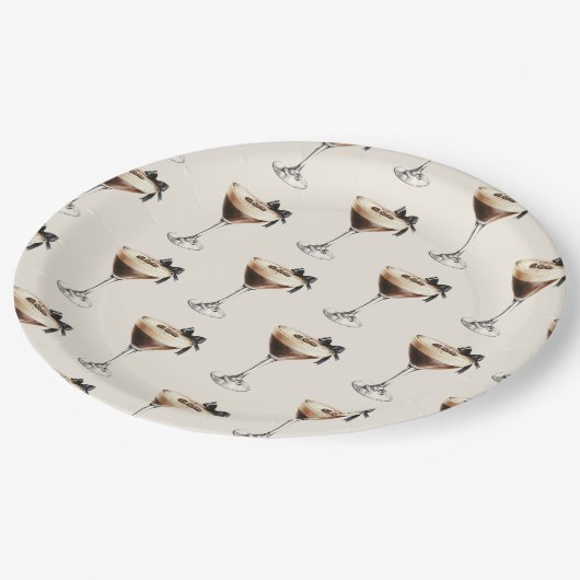 Espresso Martini Black Bow Brautparty Pappteller (Schrägansicht)