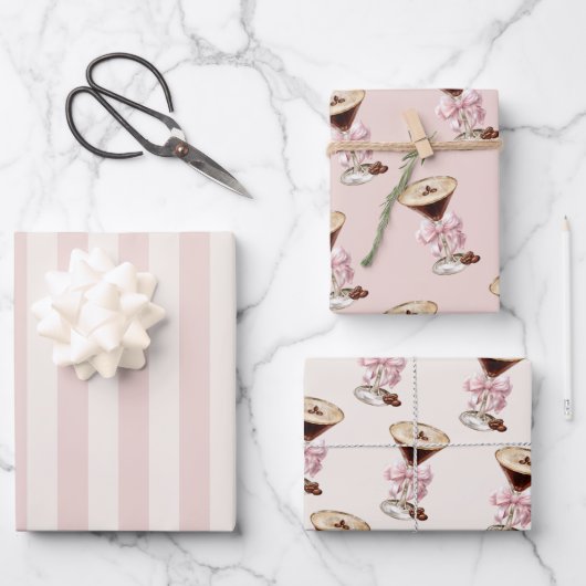 Espresso Martini Pink Bow Feminine Geschenkpapier Set (Vorderseite)