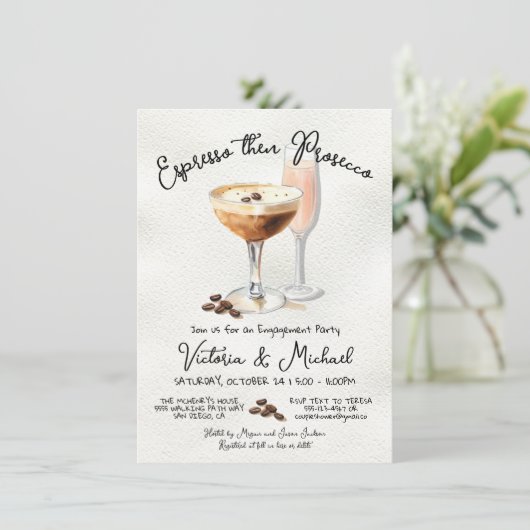 Espresso Martini Prosecco Engagement Party Einladung (Stehend Vorderseite)