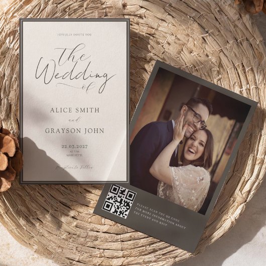 Espresso Photo Back QR Classic Minimalist Wedding  Einladung