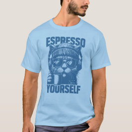"Espresso Yourself" Cool Cat with Coffee, Beanie T-Shirt