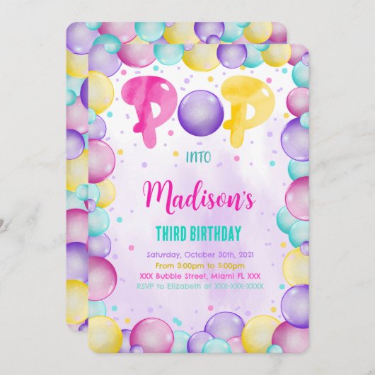 Essbare Blasen Einladung zum Geburtstag (Vorne/Hinten)