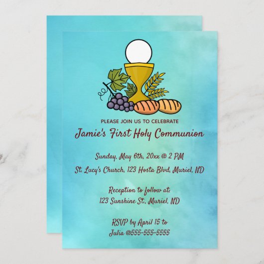 Essbare Chalice and Trauben Erste Kommune Einladung (Vorne/Hinten)