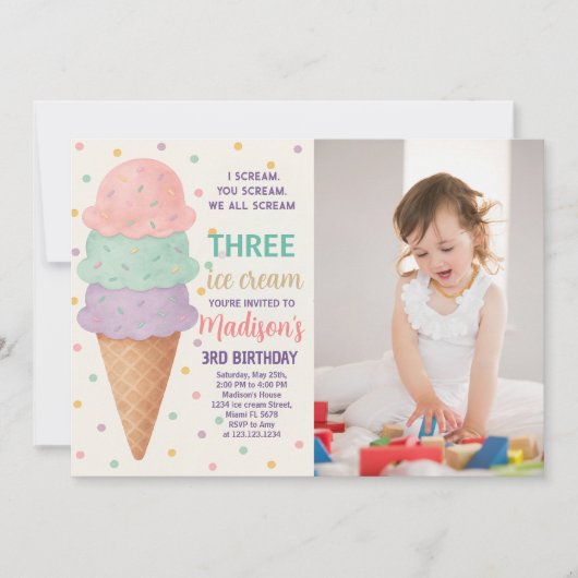 Essbare Eiscreme zum Geburtstag Einladung für Kind (Vorderseite)