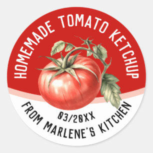 Essbarer hausgemachter Tomatenketchup mit roter To Runder Aufkleber
