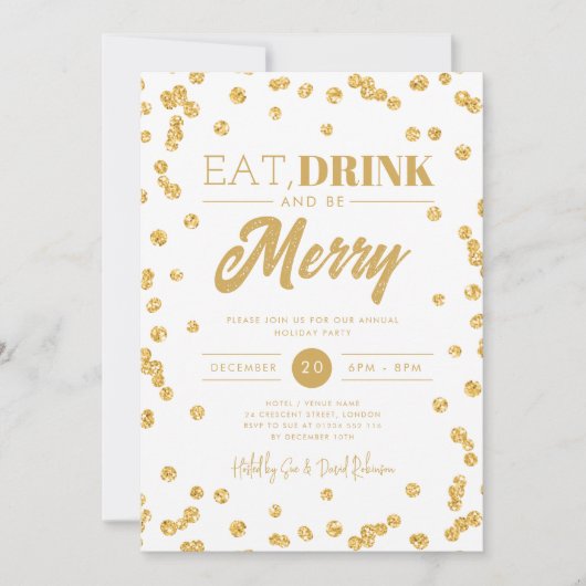 Essen Drink be Merry Gold Glam Glitzer Urlaub Weih Einladung (Vorderseite)