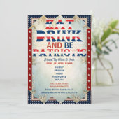 Essen Drink & Be Patriotic 4. Juli Party Shabby Ch Einladung (Stehend Vorderseite)