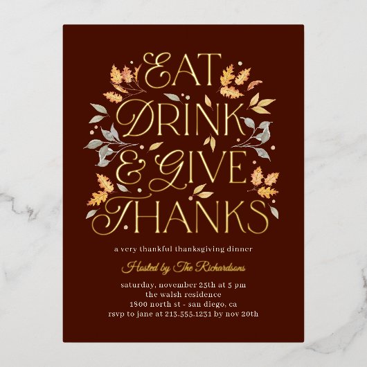Essen Drink Danke Erntedank Dinner Party Folie Einladungspostkarte (Vorderseite)