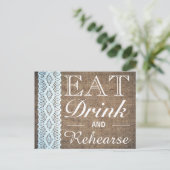 Essen Drink & Rehearse Burlap Lace Probe Dinner Einladungspostkarte (Stehend Vorderseite)