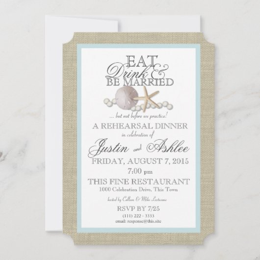 Essen Drink Sand Dollar und Pearl Wedding Probe Einladung (Vorderseite)