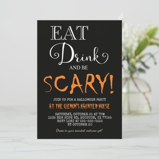 Essen Drink & sei Beängstigend Halloween Einladung (Stehend Vorderseite)