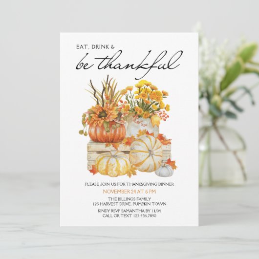 Essen Drink sei dankbar Pumpkin Ernte Erntedank Einladung (Stehend Vorderseite)