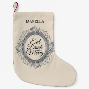 Essen Drink Sei frohe Silber Blätter Name Elfenbei Kleiner Weihnachtsstrumpf