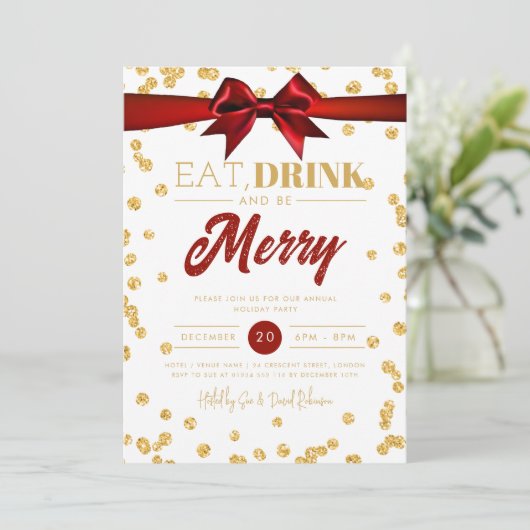 Essen Drink sei Merry Gold Glitzer Urlaub Weihnach Einladung (Stehend Vorderseite)