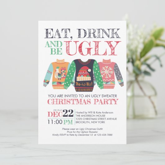 Essen Drink sei übel Sweater Weihnachtsfeier Einladung (Stehend Vorderseite)