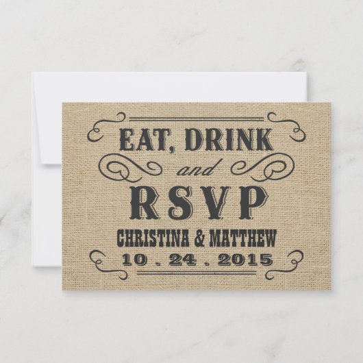 Essen Drink sei Verheiratet Burlap Wedding RSVP (Rückseite)