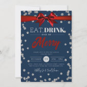 Essen Drink Silver Navy Glitzer Holiday Xmas Bow Einladung (Vorderseite)