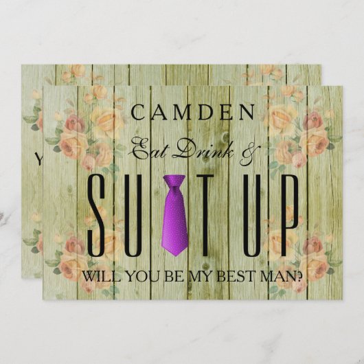 Essen Drink & Suitup Holz Werden Sie mein Bestman  Einladung (Vorne/Hinten)