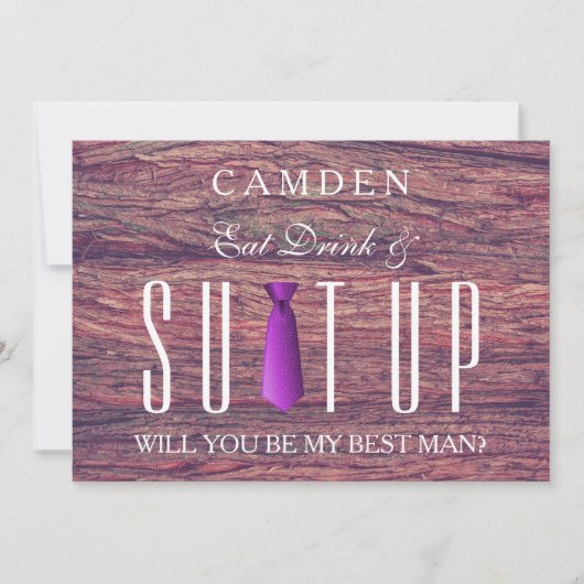 Essen Drink & Suitup Holz Werden Sie mein Bestman Einladung (Vorderseite)