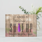 Essen Drink & Suitup Lila Werden Sie mein Bestman  Einladung (Stehend Vorderseite)