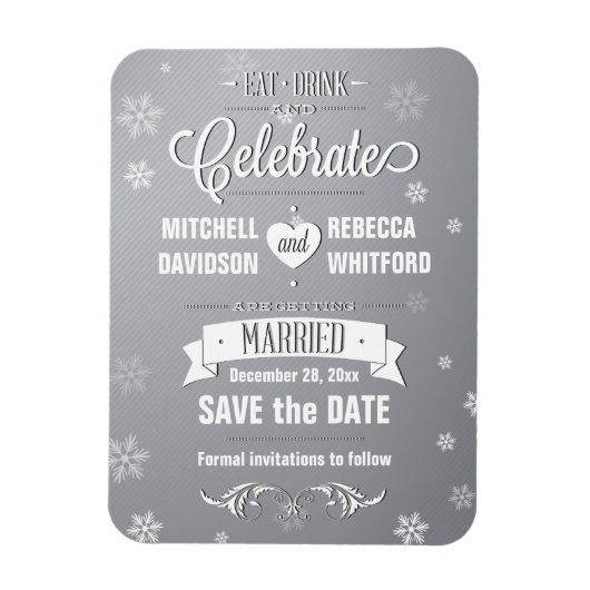 Essen Drink und feiern Wintergrauen Save the Date Magnet (Vertikal)