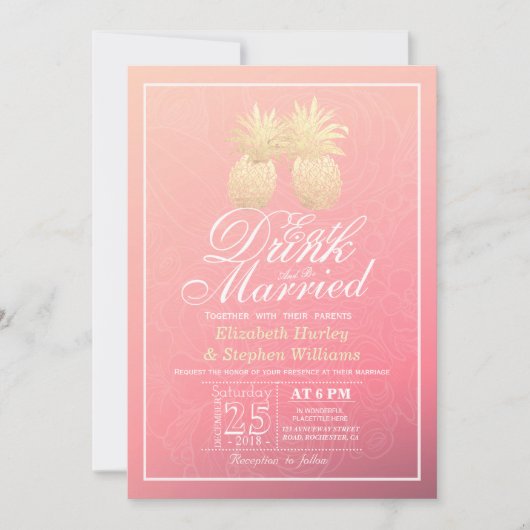 Essen Drink Verheiratet Hochzeit Gold Ananas Coupl Einladung