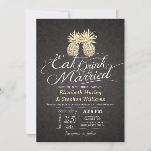 Essen Drink Verheiratet Hochzeit Gold Ananas Coupl Einladung (Vorderseite)