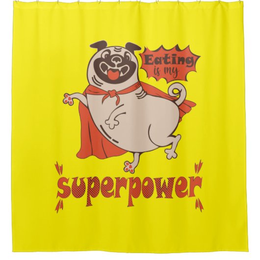 Essen ist mein überragender Rotkleid Mops Comic St Duschvorhang (Vorderseite)