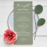 Essen mit grüner Probe. Nacht vor Vorlage<br><div class="desc">Elegantes minimalistisches Dinner-Menü mit grüner Probe für die Nacht vor der Hochzeit. Ideal für Waldhochzeiten, botanische Hochzeiten oder sommerliche Hochzeiten, kann dieses bearbeitbare Pastelldesign für Ihre besondere Veranstaltung personalisiert sein. Die rosafarbene grüne Schablone eignet sich ideal für rustikale Feiern und Feiern im Freien. In meinem Geschäft ist das passende Hochzeitsgeschirr...</div>