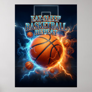 Essen Schlafen Basketball Feuer Poster